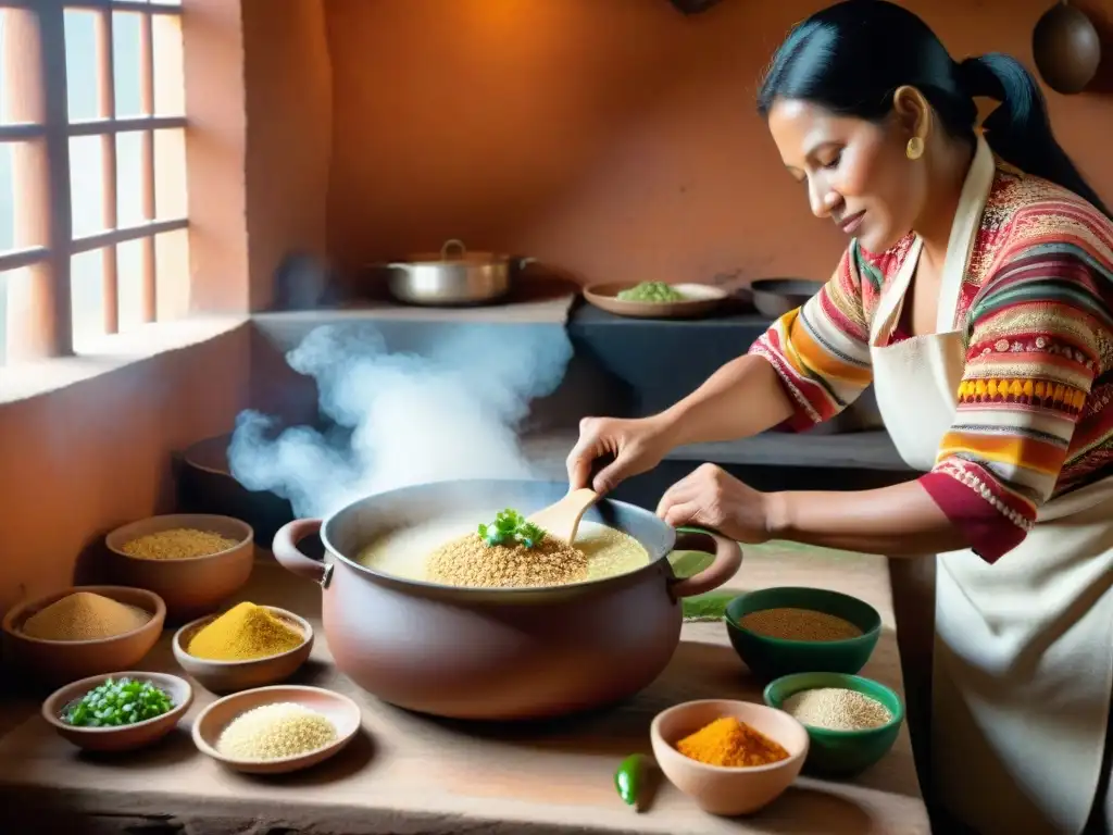 Una cocina peruana tradicional rebosante de vida, donde un chef prepara sopa de quinua