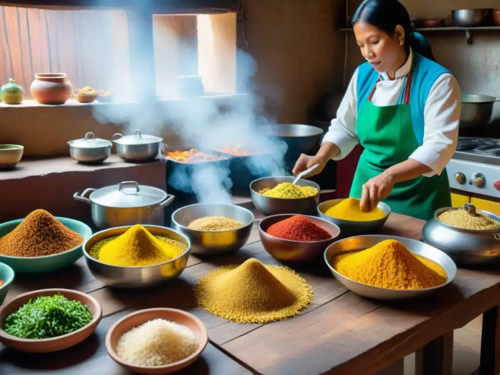 Una cocina peruana tradicional con la receta tradicional ají de gallina en plena preparación, llena de color y aroma