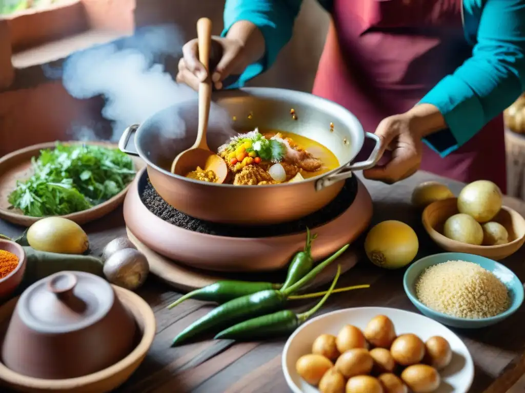 Una cocina peruana tradicional con una receta de ají de gallina, llena de color y actividad culinaria