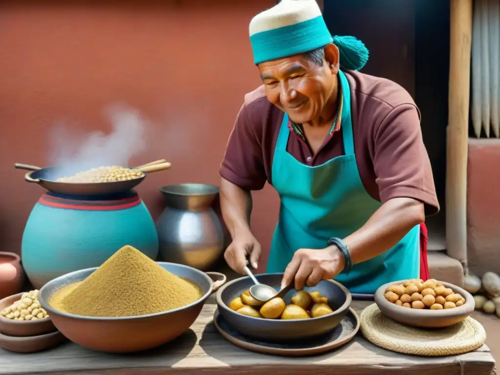 Cocina peruana tradicional con receta de carapulcra: cocinero removiendo olla de barro con ingredientes auténticos y coloridos