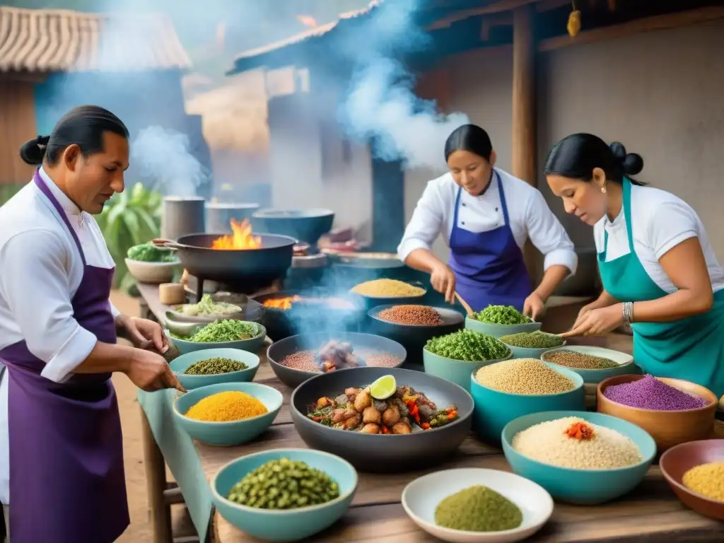 Una cocina peruana tradicional en la Ruta culinaria cuy sur Perú, con chefs preparando cuyes