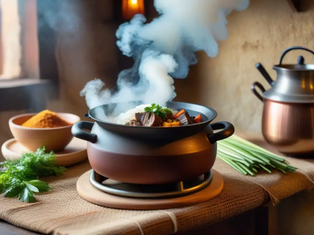 Una cocina peruana tradicional con un Seco de Cordero receta tradicional, en una olla de barro sobre una estufa de leña