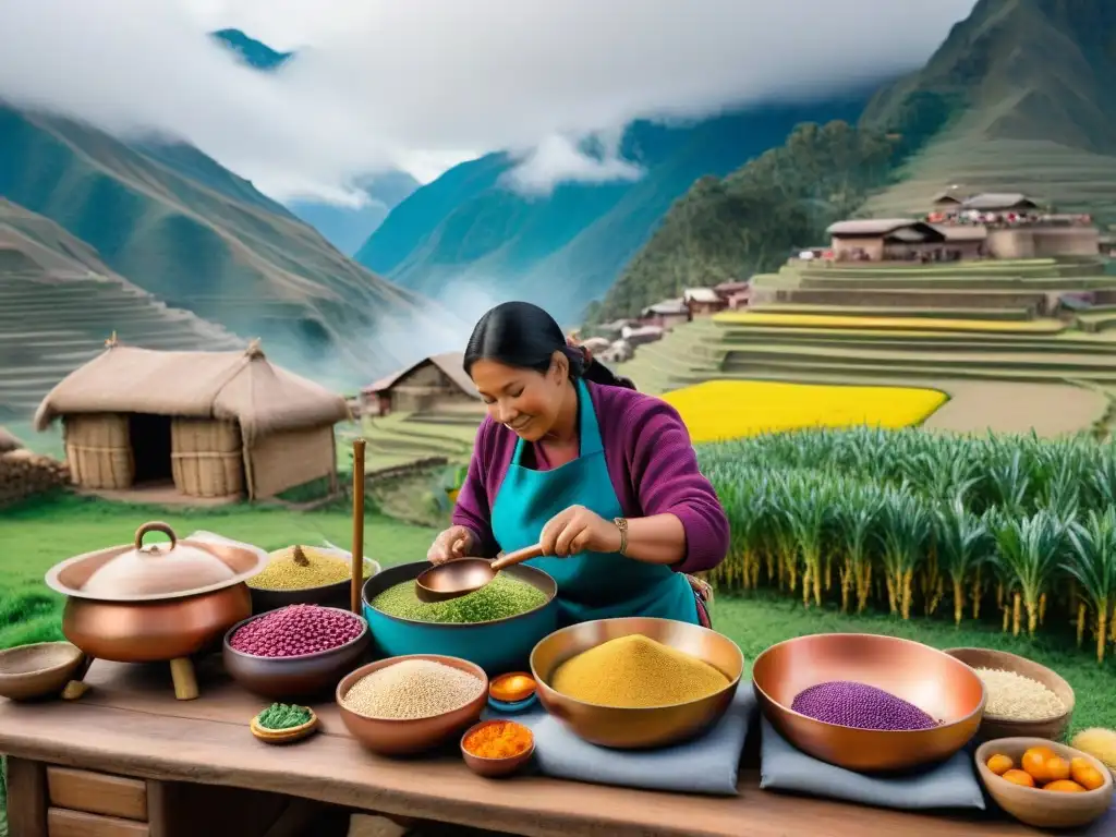 Una cocina peruana tradicional en la sierra, con ingredientes coloridos y un chef preparando aji de gallina