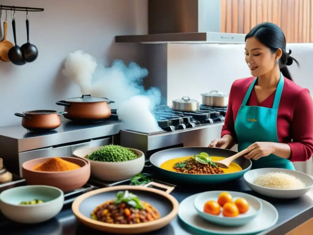 Una cocina peruana tradicional se fusiona con tecnología inteligente, representando el futuro de la gastronomía peruana en cocinas inteligentes