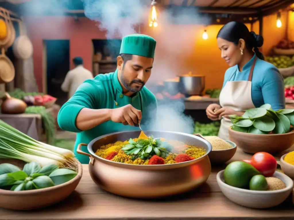 Una cocina peruana tradicional y vibrante preparando Sarza de Patitas con ingredientes únicos y utensilios tradicionales