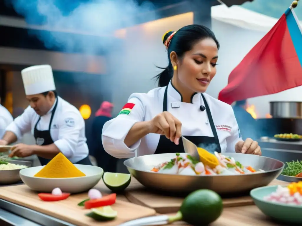Ceviche y Pisco: Festival Internacional de Cocina Peruana Representación de la cocina peruana en un vibrante evento culinario internacional, chefs preparando ceviche y pisco sours
