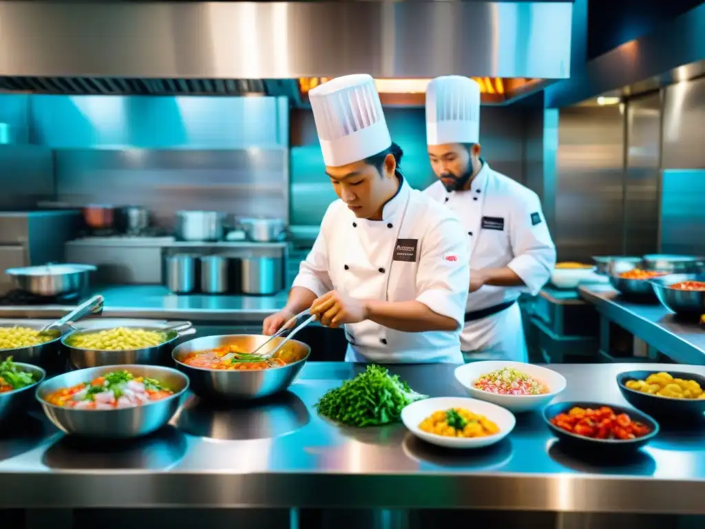 Cocina peruanoasiática innovadora: chefs preparan ceviche y woks humeantes en restaurante vibrante