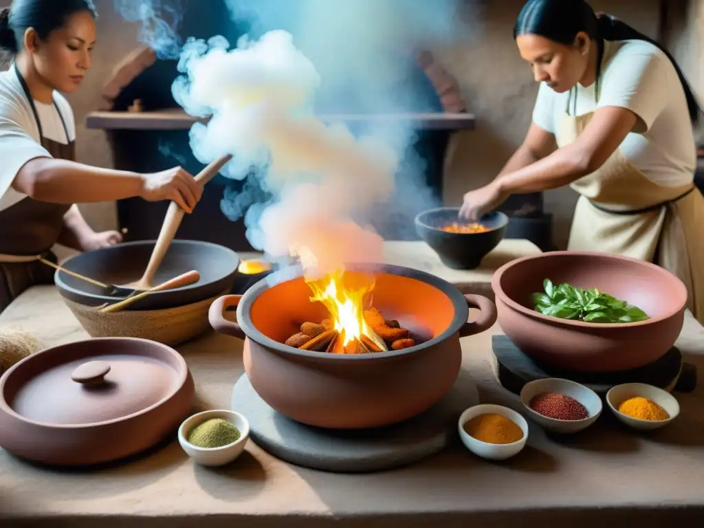 Cocina precolombina: chefs preparando platillos coloridos con técnicas ancestrales y materiales naturales