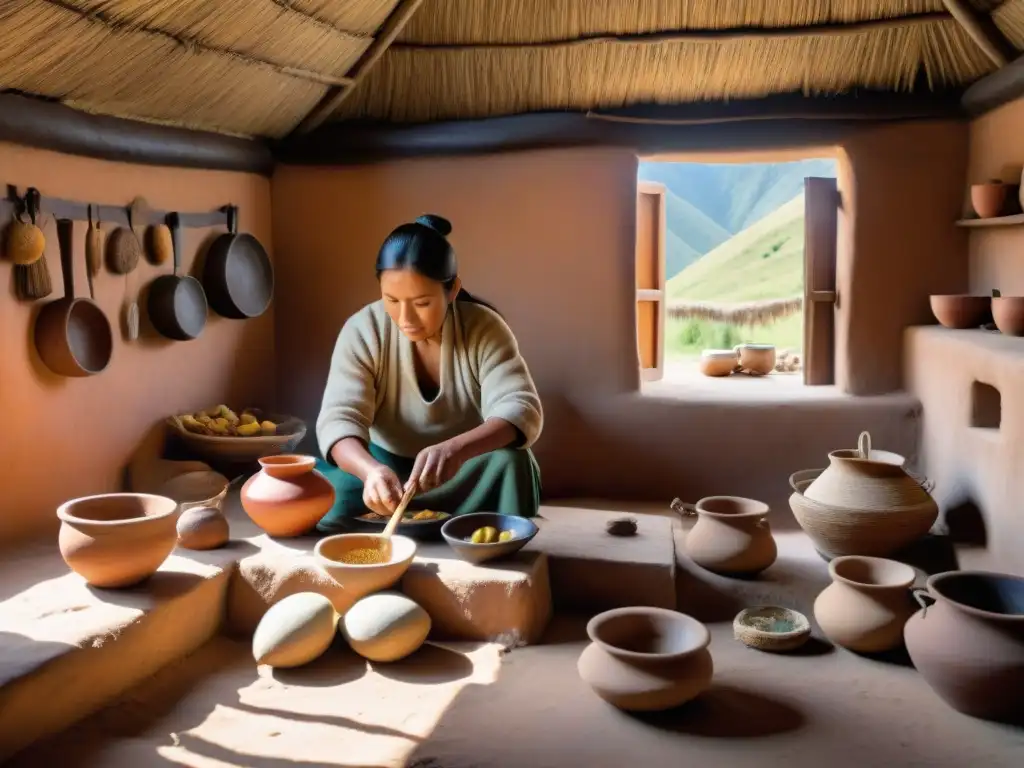 Una cocina prehispánica en la gastronomía peruana: escena tradicional andina con utensilios antiguos y chef local preparando plato ancestral