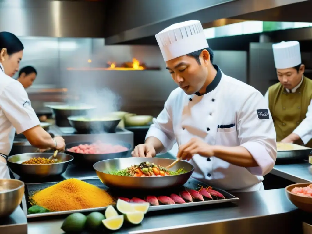 Una cocina nikkei en Lima rebosante de vida, donde chefs fusionan ingredientes peruanos con técnicas japonesas