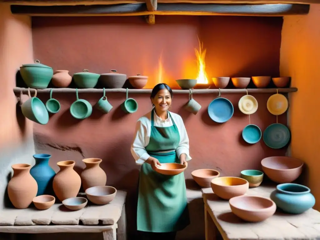 Cocina regional peruana tradicional en los Andes: textiles vibrantes, alfarería colorida y cocinero preparando plato típico