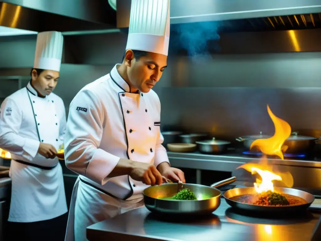 Virgilio Martínez en la cocina de su restaurante Central en Perú, liderando un equipo en un ambiente de alta cocina