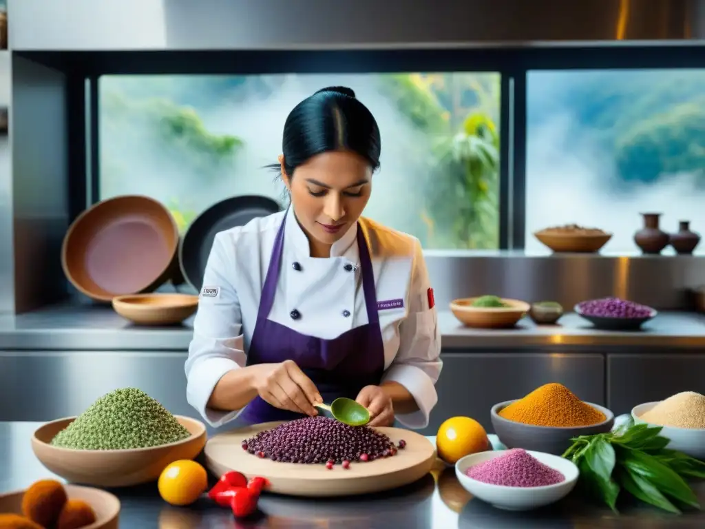 Chef Pía León en su cocina en Kjolle, rodeada de ingredientes autóctonos peruanos