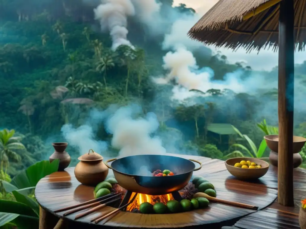 Cocina indígena amazónica en la selva Cocina amazónica autóctona en la selva con fogata, utensilios y naturaleza exuberante