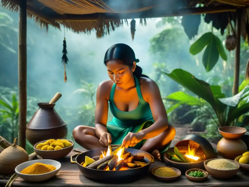 Cocina amazónica: mujer indígena preparando festín en la selva Cocina selva ingredientes autóctonos: Indígena amazónica preparando festín rodeada de exuberante naturaleza y animales coloridos
