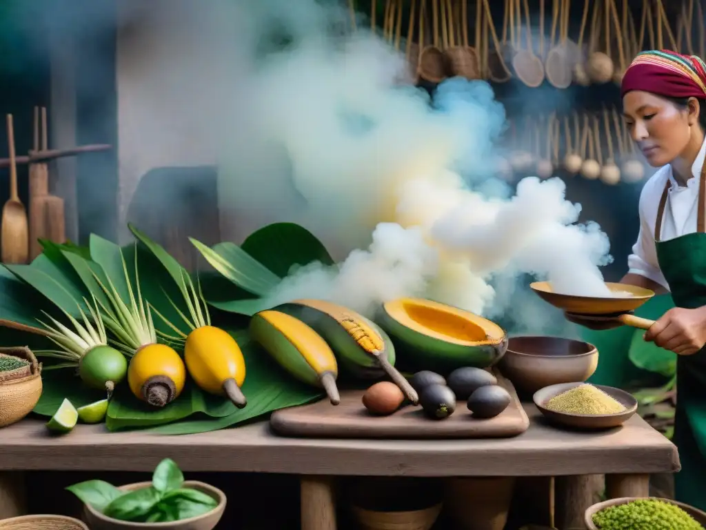 Cocina selva peruana: chefs indígenas preparan platos con ingredientes autóctonos en escena vibrante y detallada