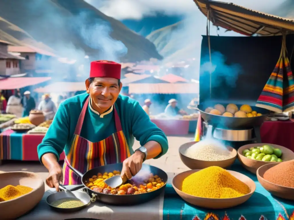 Cocina solar en Perú: Chef peruano tradicional cocinando platos indígenas con hornos solares en mercado de Cusco