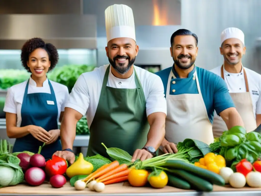 Una cocina sostenible donde agricultores y chefs de diversas culturas colaboran juntos, mostrando productos frescos y coloridos