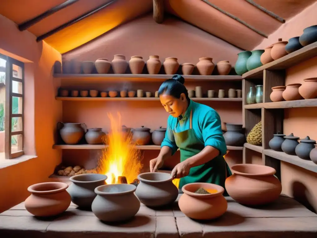 Una cocina tradicional Ayacuchana llena de detalles: ollas de barro en el fuego, especias coloridas y chefs preparando platos auténticos