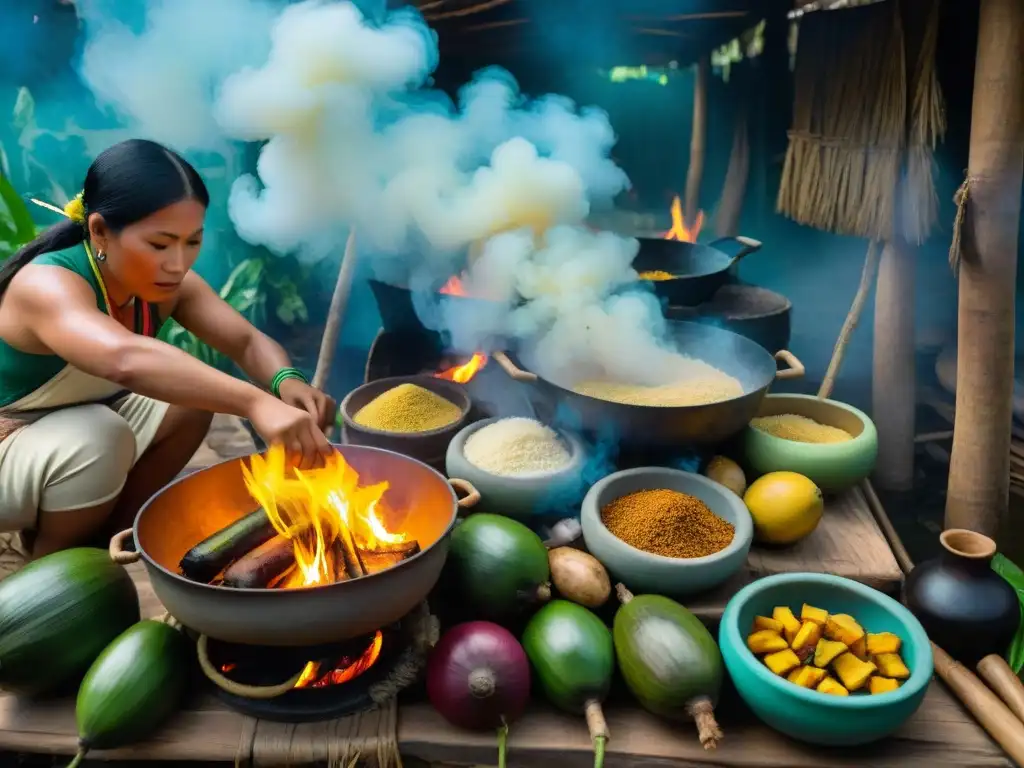 Cocina tradicional amazónica en Perú: cocineros indígenas preparando platos exóticos con ingredientes locales coloridos en ambiente bullicioso