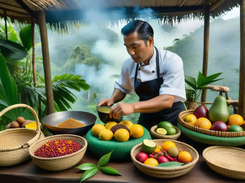 Una cocina tradicional amazónica llena de sabores únicos de la selva peruana, con un chef indígena preparando un plato sobre fuego abierto