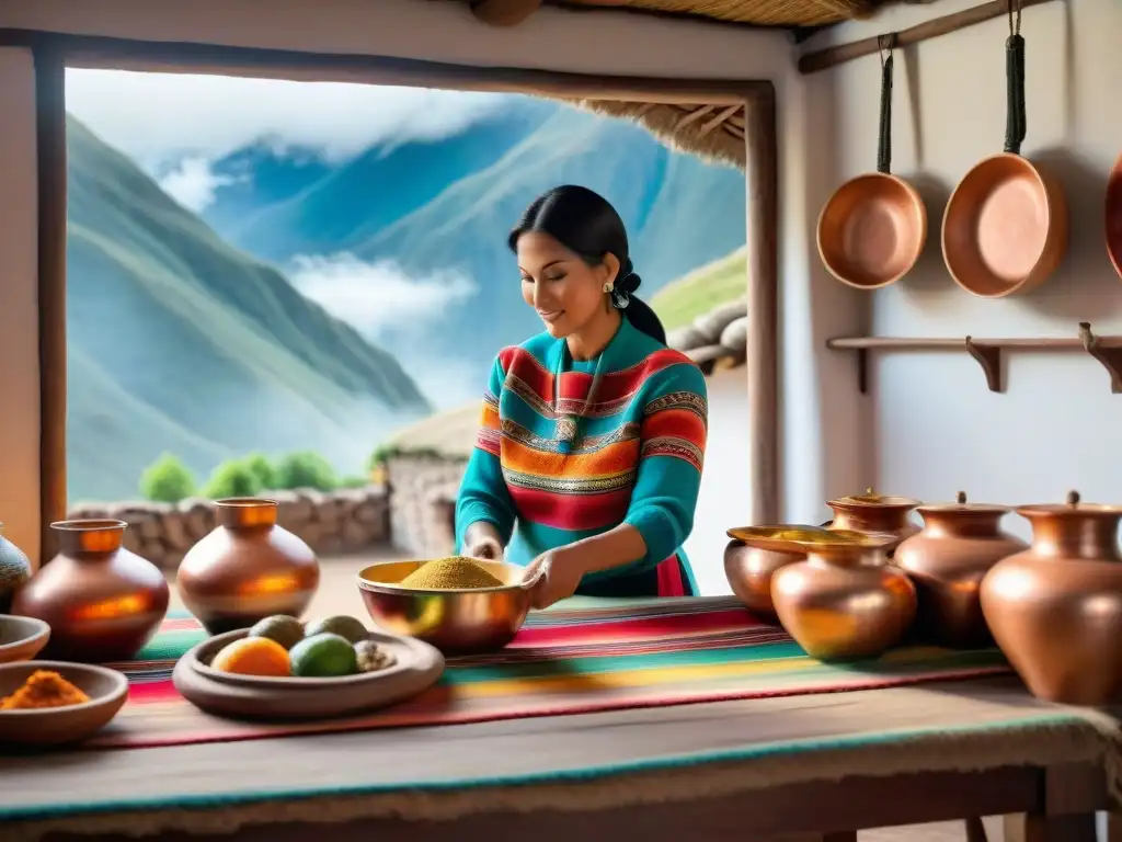 Una cocina tradicional peruana decorada con textiles andinos, una mujer preparando plato típico rodeada de utensilios de cobre