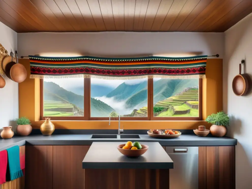 Una cocina tradicional peruana decorada con textiles andinos vibrantes y detallados, iluminada por luz natural cálida con vista a los Andes