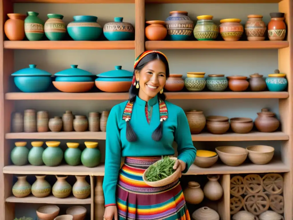 Una cocina tradicional peruana con organización de especieros aromas andinos, mujer que sonríe con hierbas frescas