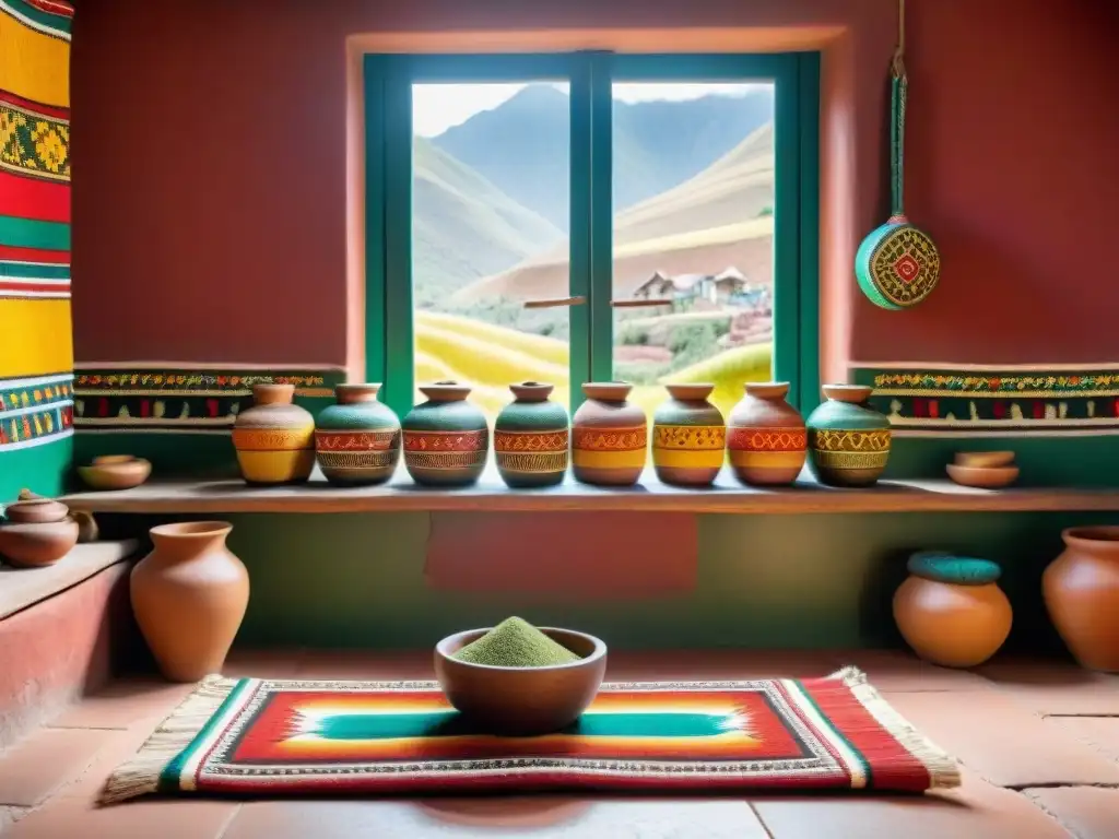 Una cocina tradicional peruana con estantes de madera llenos de coloridos especieros de cerámica artesanales