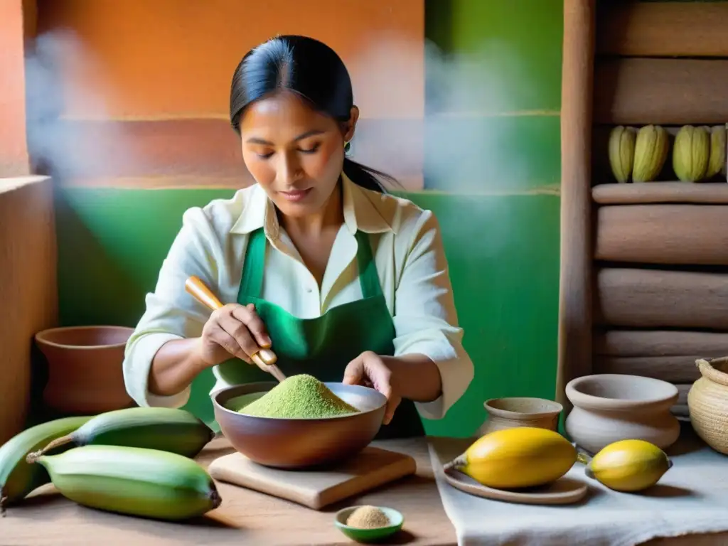 Una cocina tradicional peruana iluminada por luz natural, donde un chef prepara harina de plátano verde peruano con utensilios tradicionales