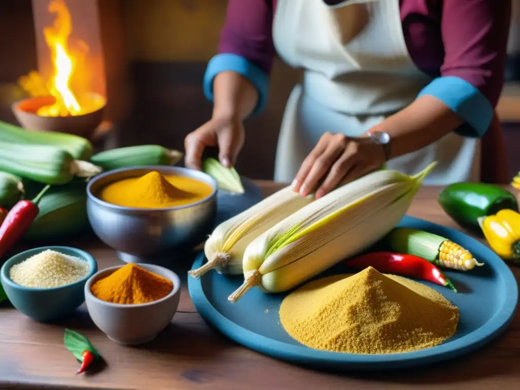 Una cocina tradicional peruana con ingredientes andinos y una mujer preparando tamales