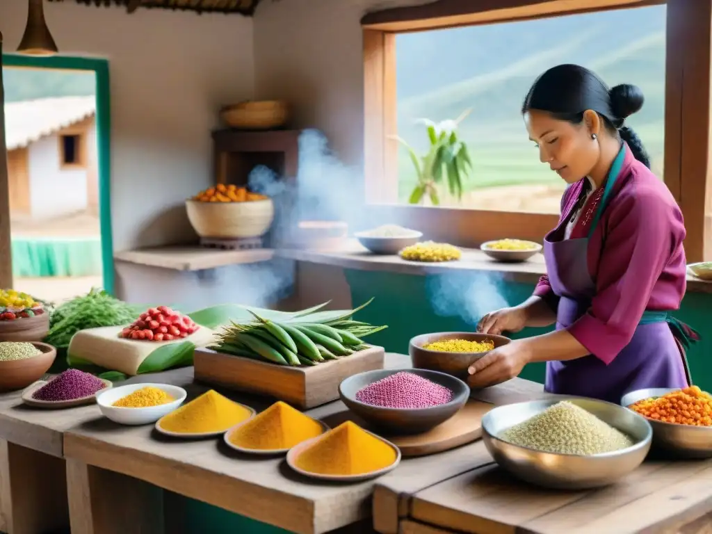 Una cocina tradicional peruana con ingredientes autóctonos vibrantes y un chef preparando ceviche