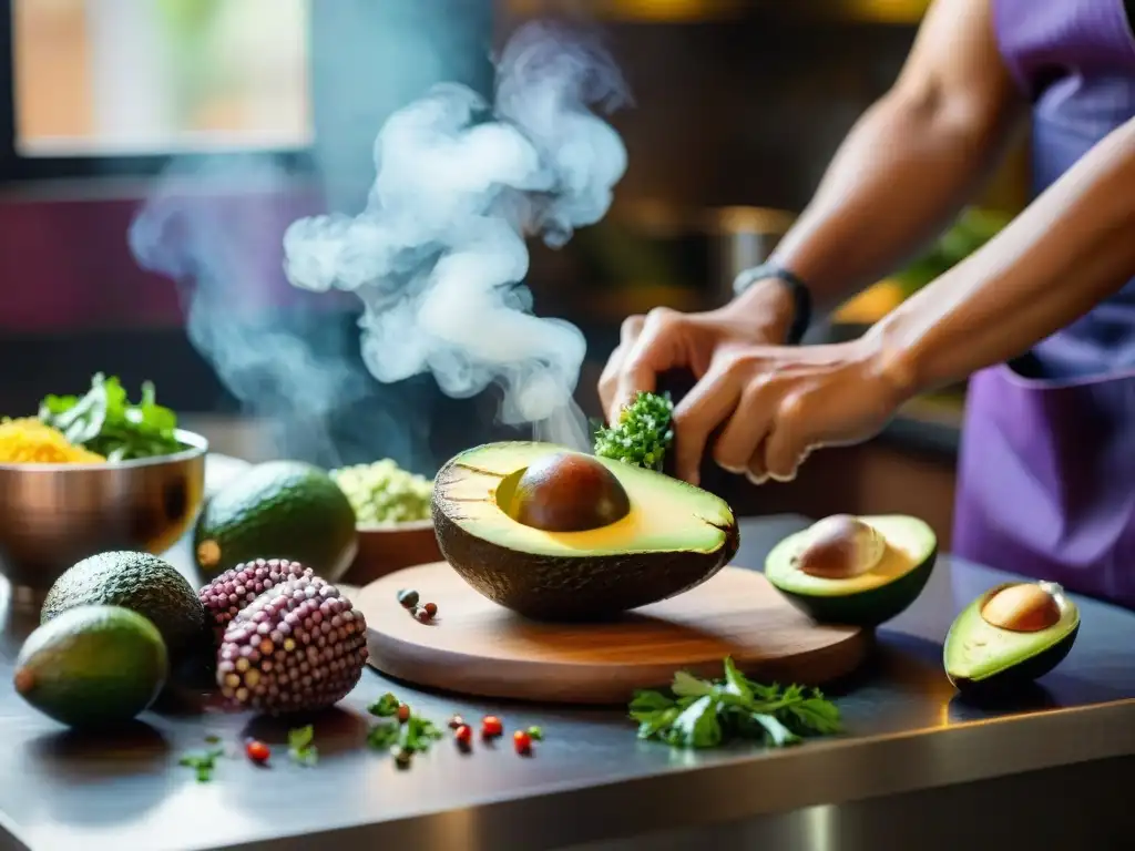 Una cocina tradicional peruana llena de ingredientes coloridos como maíz morado, ají amarillo y cilantro fresco