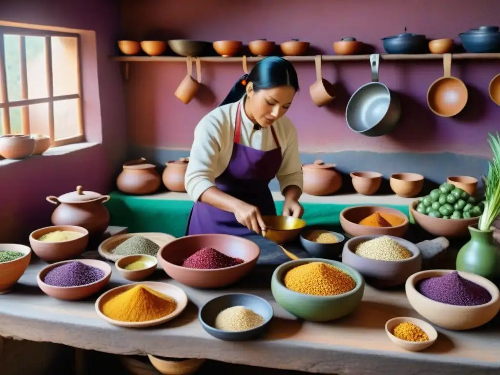 Una cocina tradicional peruana llena de vida y color, con ingredientes autóctonos