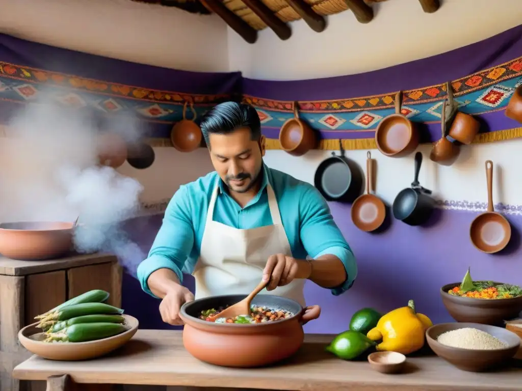 Una cocina tradicional peruana llena de coloridas cerámicas pintadas a mano, utensilios de madera y textiles vibrantes