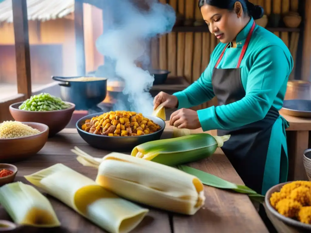 Una cocina tradicional peruana llena de vida y color, donde se preparan tamales