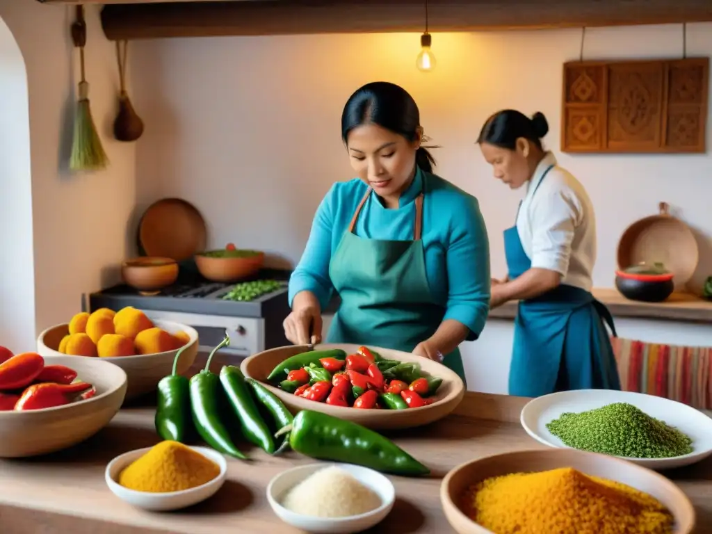 Una cocina tradicional peruana llena de vida con variedades de ajíes peruanos y chefs preparando platos vibrantes