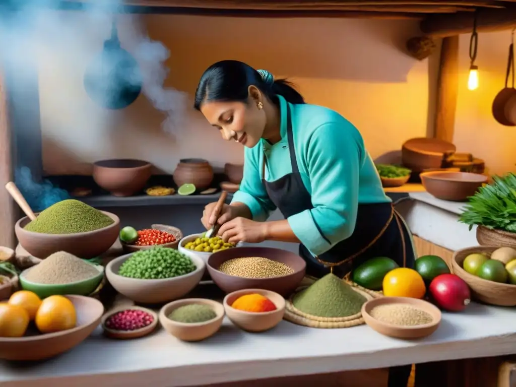 Una cocina tradicional peruana llena de ingredientes coloridos y un chef preparando un plato de kiwicha, con una atmósfera cálida y acogedora