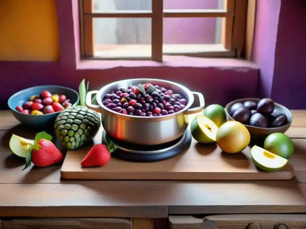 Una cocina tradicional peruana con una Mazamorra Morada receta tradicional, frutas frescas y utensilios de cocina