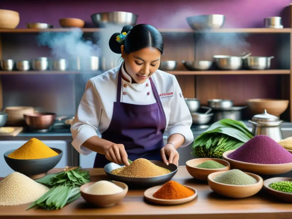 Una cocina tradicional peruana rebosante de vida, con ingredientes coloridos y un chef preparando una fusión