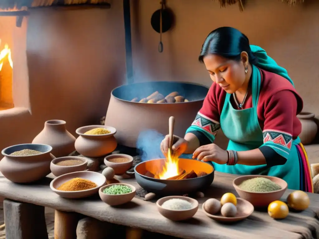 Una cocina tradicional peruana en la Sierra con utensilios para cocinar en altura, mujeres indígenas preparando una comida andina sobre fuego abierto