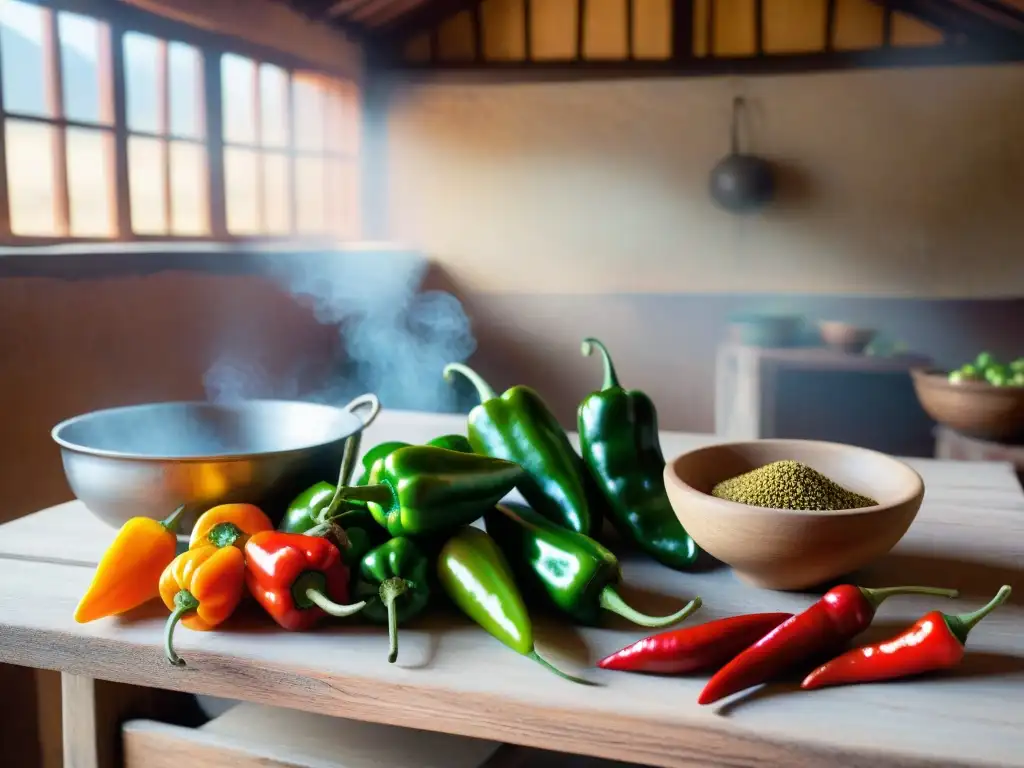 Una cocina tradicional peruana en la Sierra, resaltando los beneficios del ají en cocina con variedad de colores y formas