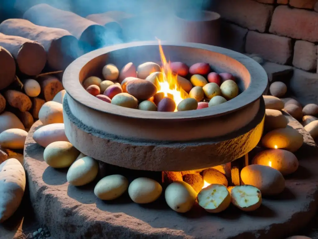 Cocina tradicional peruana Huatia tierra: detalle de fogón con piedras, fuego y papas andinas