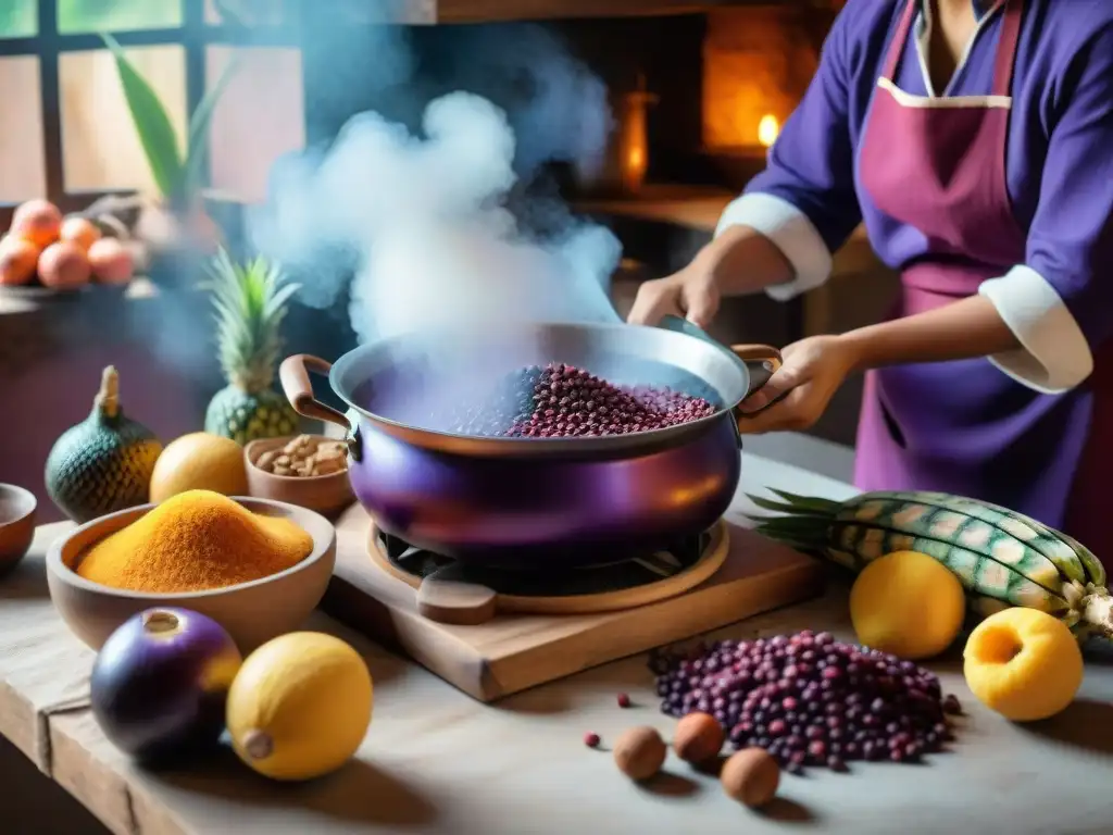 Una cocina tradicional peruana con la elaboración tradicional de mazamorra morada, llena de colores y aromas exóticos