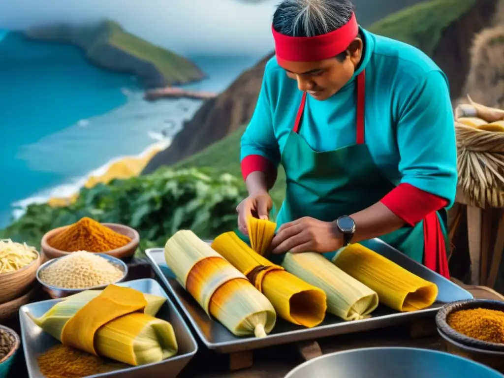 Cocina tradicional peruana: Variedades de tamales peruanos tradicionales preparados en un colorido pueblo costero