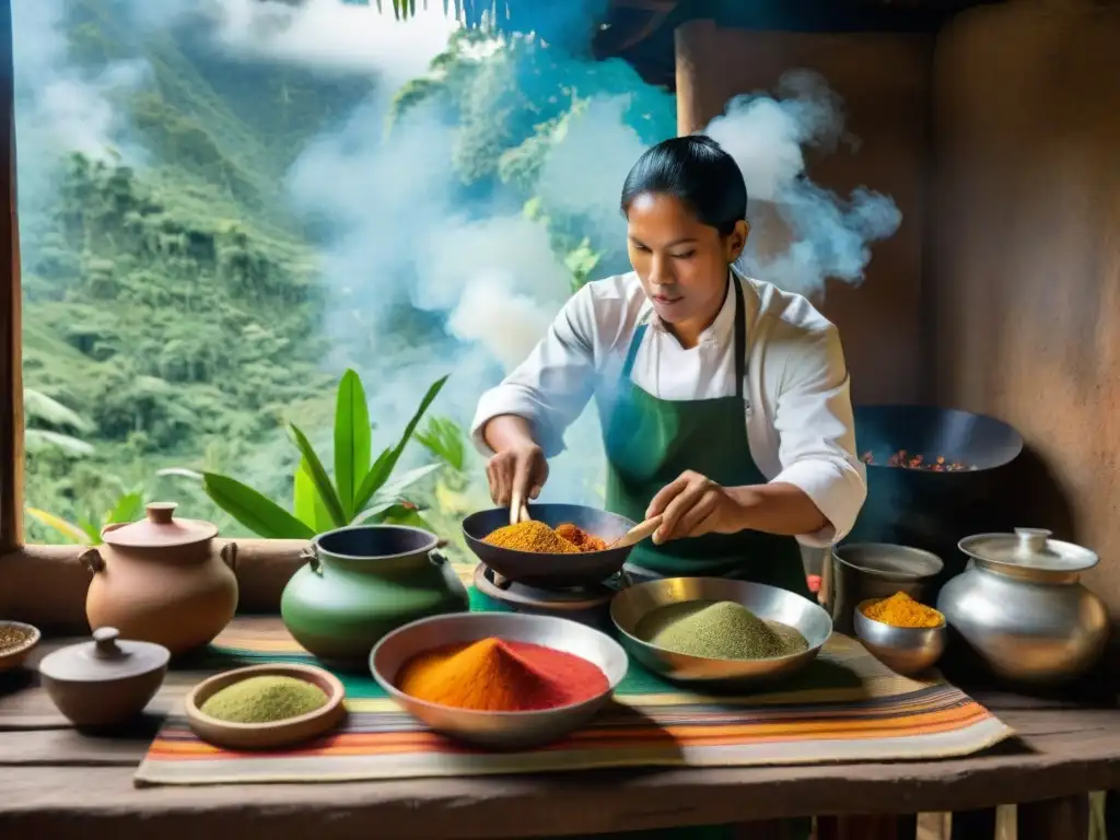 Una cocina tradicional de la selva peruana con utensilios de madera, especias coloridas y un chef local preparando un plato tradicional