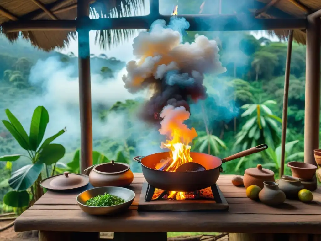 Una cocina amazónica tradicional en la selva peruana, con recetas a leña, rodeada de exuberante vegetación y vida silvestre vibrante