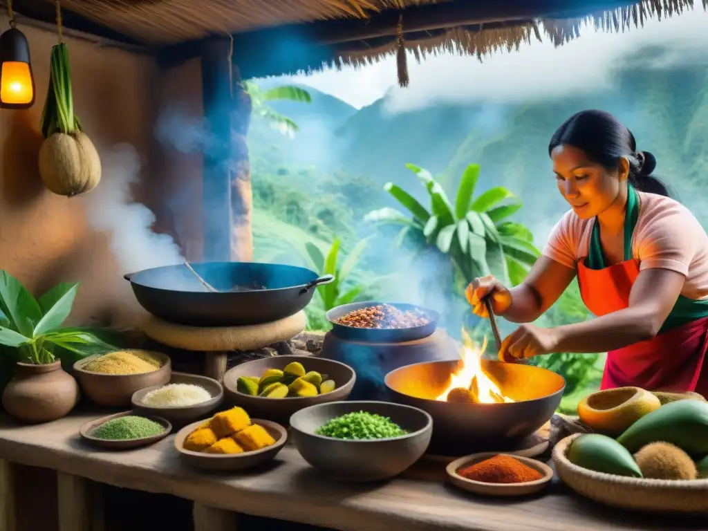 Una cocina tradicional amazónica en Perú llena de vida, con cocineras indígenas preparando coloridos platos con ingredientes locales