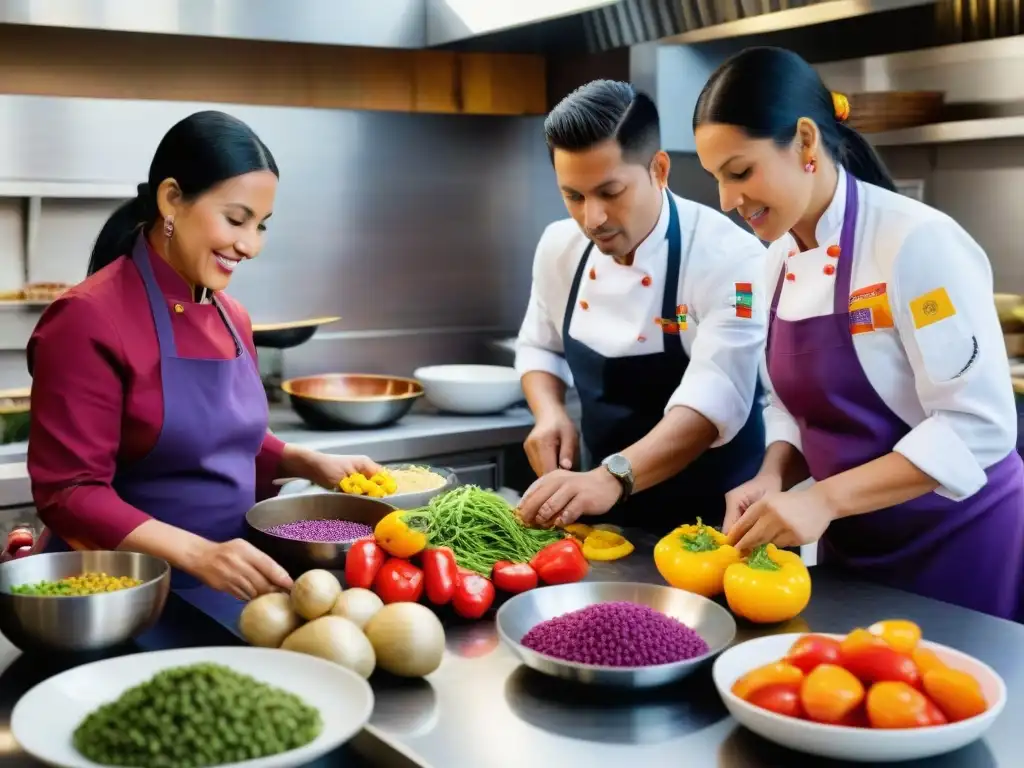 Una cocina vibrante con chefs peruanos de todas las edades y etnias, preparando platos tradicionales