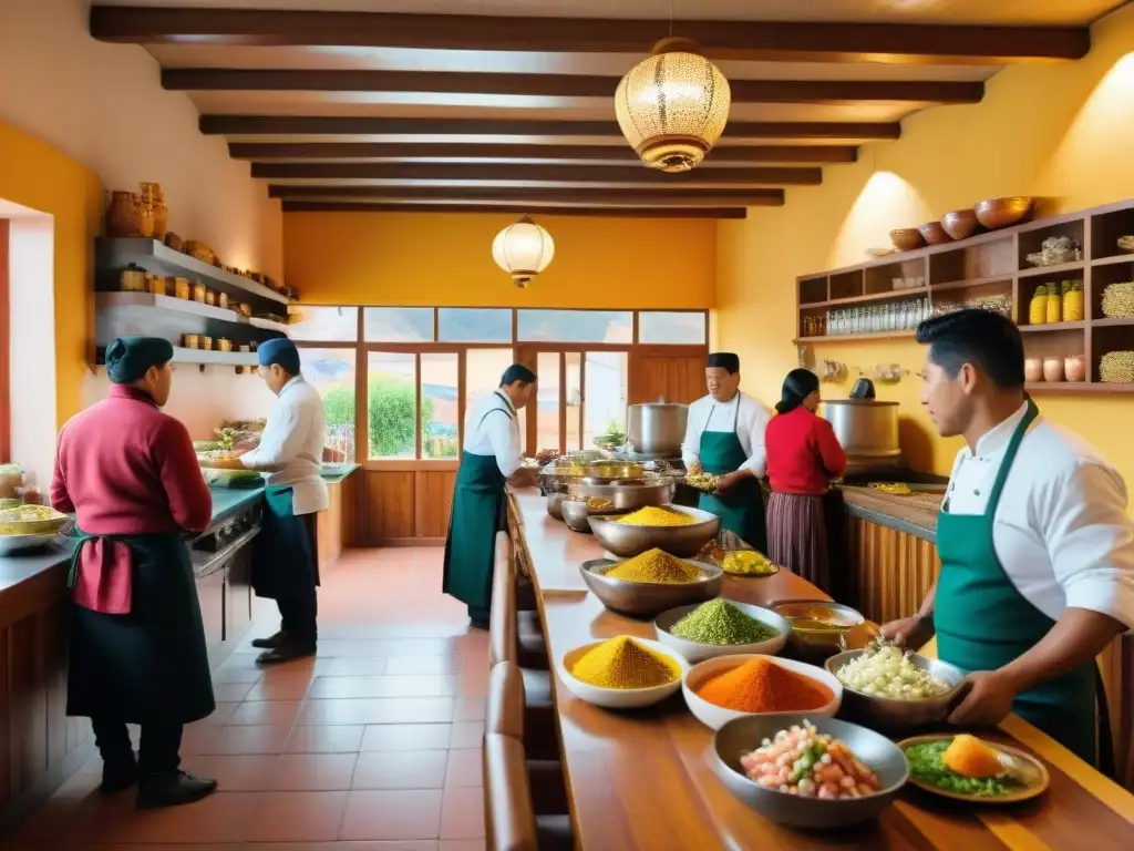 Una cocina vibrante y colorida de un restaurante tradicional peruano en Huaraz, donde chefs preparan ceviche y platos típicos